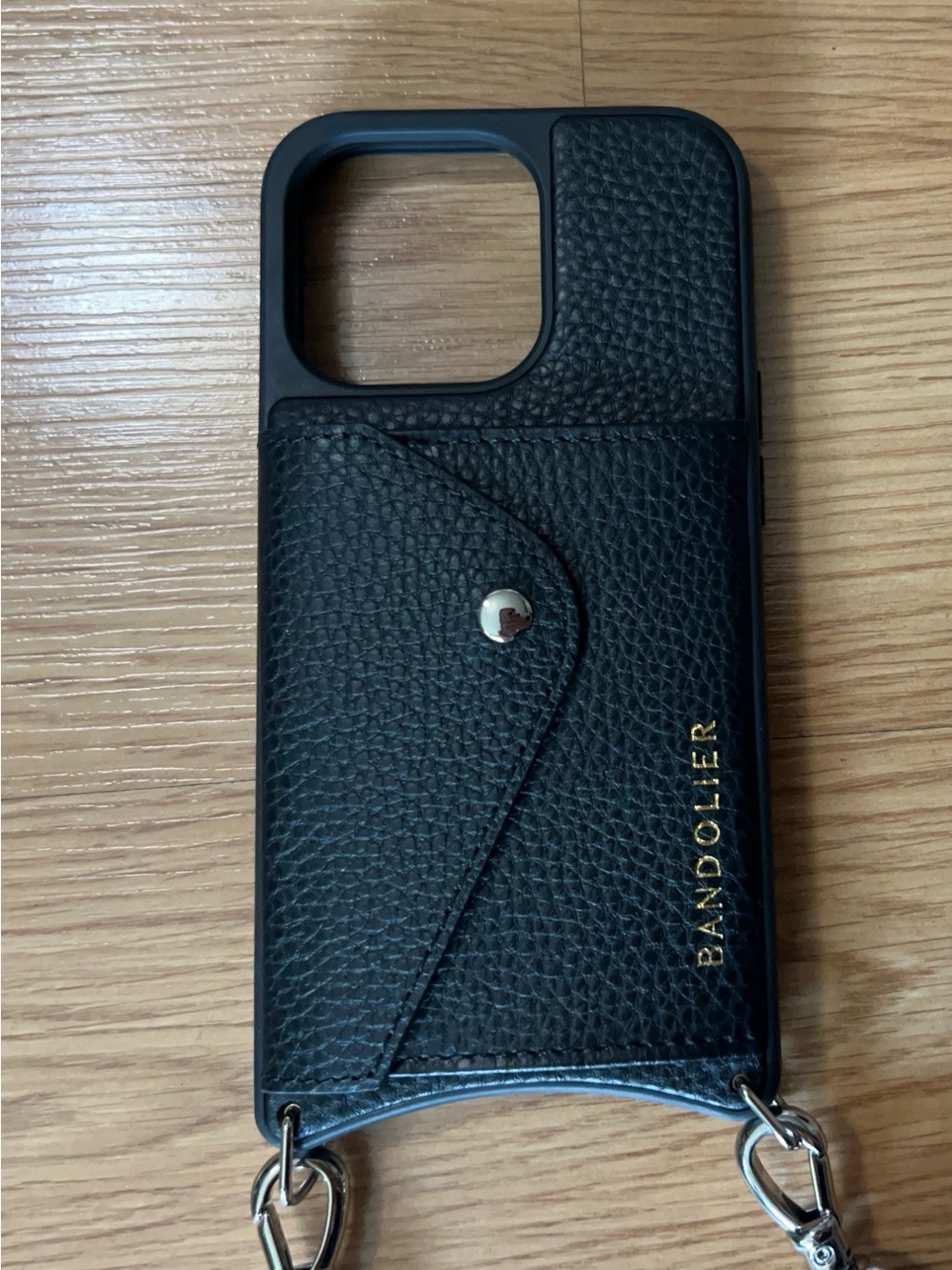 Bandolier Black Leather Cardholder Crossbody Phone Case with Gold Logo